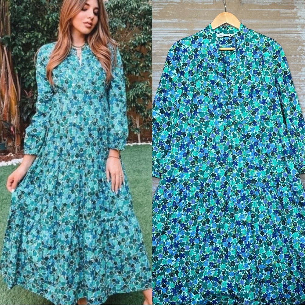 Zara Deep Sea Floral Tiered Maxi Dress Boho Preppy Womens S